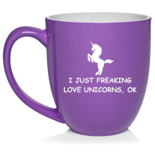 I Just Freaking Love Unicorns Funny Ceramic Coffee Mug Tea Cup Gift for Her, Him, Friend, Coworker, Wife, Husband (16oz Purple)