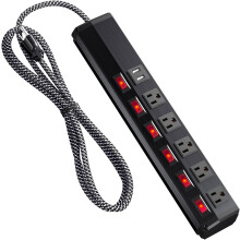 Individual Switchs Surge Protector Power Strip with 2 USB 6ft (2.4A/1875W), Extension Cord Surge Protection 5 Outlet 6