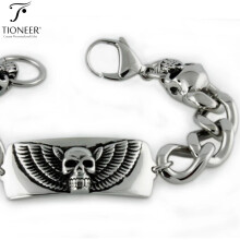 Tioneer Edelstahlarmband 316L, klassisches Totenkopf- und Flügel-Design, Gliederarmband im ID-Stil, polierte Oberfläche