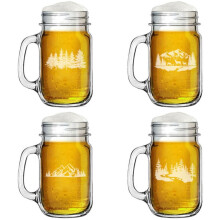 Juego de regalo de 4 tazas de vidrio tipo tarro Mason de 473 ml con asa, Colección Bosque al Aire Libre