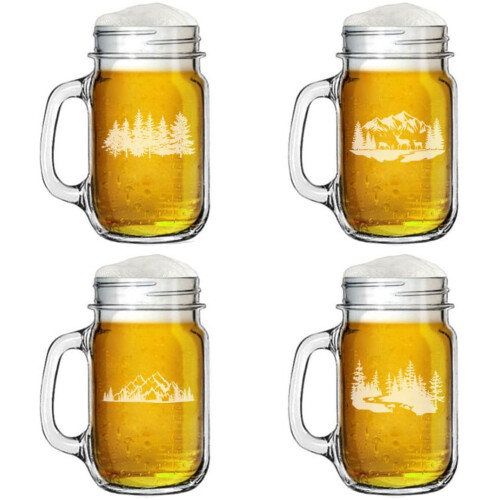 Κούπα από γυάλινο βάζο Mason 16oz με λαβή, σετ δώρου 4 Outdoors Forest Collection