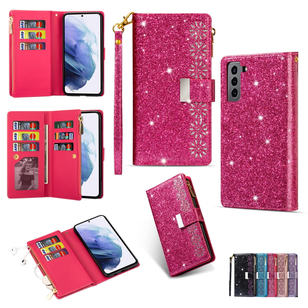 Compatible With Samsung Galaxy S22 6.1" 5G 2022 Case - Bling Sparkle Glitter Magnetic Zipper Wallet Purse Clutch Cover With Stand, Wrist Strap & 9 9110895183106
