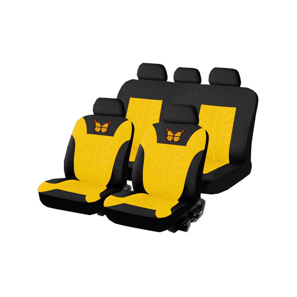 Universal Car Seat Covers Full Set Protector Cushion Front Rear 3D Butterfly Embroidery Pattern, Yellow 9071309682311