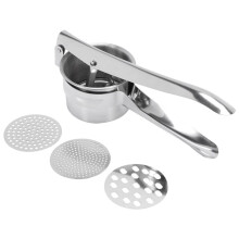 Qtmnekly Stainless Steel Potato Ricer Masher with 3 Interchangeable Discs for Fine, Medium, and Coarse, Easy to Use for Potatoes