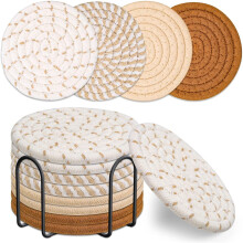 Lot de 8 sous-verres avec support, ensemble minimaliste en coton tissé absorbant, 4 couleurs, 11 cm, compatible avec tous les verres