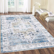 Garvee 4' x 6' Area Rug for Living Room Bedroom Persian Vintage Rug Washable Flower Print Rug No-Slip Low Pile Rug For Living Room Bedroom, Blue