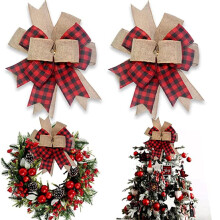 Buffalo Plaid Burlap Bows 2 Pack, 11.8"x9.4" Rustic Christmas Tree Topper Decor for Holiday Wedding Party Door (Black & Red)