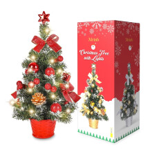 18" Pre-Lit Mini Christmas Tree with LED Lights & Ornaments, Tabletop Xmas Decor for Holiday, Desk, Home