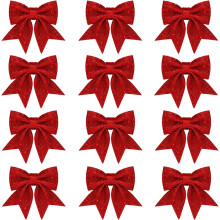 LINLIN 12 stuks kerststrikken, zilveren kransen, kleine kerstboomstrikken, strikjes met pailletten, kerstdecoraties voor thuisfeestjes, 14 cm