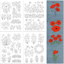 Water Soluble Embroidery Patterns for Beginners, 4 Sheets with 30pcs Papaver Rhoeas Designs, Wash-Away Stabilizer for Hand Sewing, Compatible with