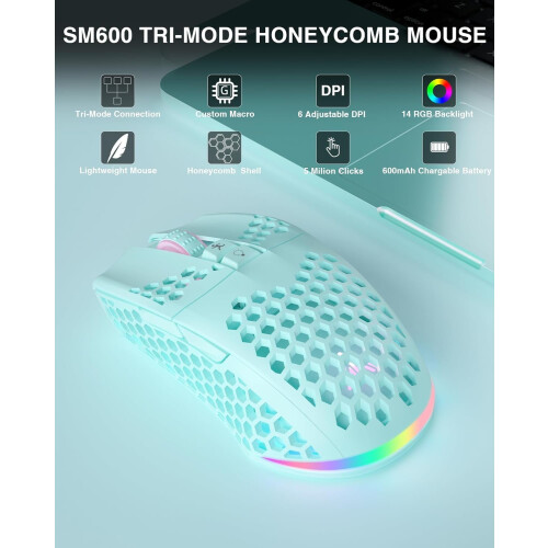 SM600 Plus Wireless Gaming Mouse with Honeycomb Shell,Tri-Mode Bluetooth/Wireless/RGB Mouse Wireless Mouse for Gaming 1