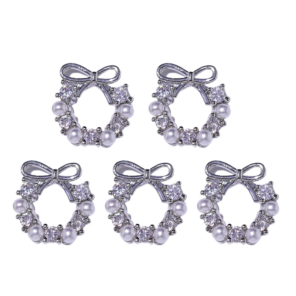 Hesroicy 5Pcs Nail Christmas Wreaths Shining Three-dimensional DIY Mini Garland Bowknot Faux Pearl Zircon Nail Art Charms for Manicurist