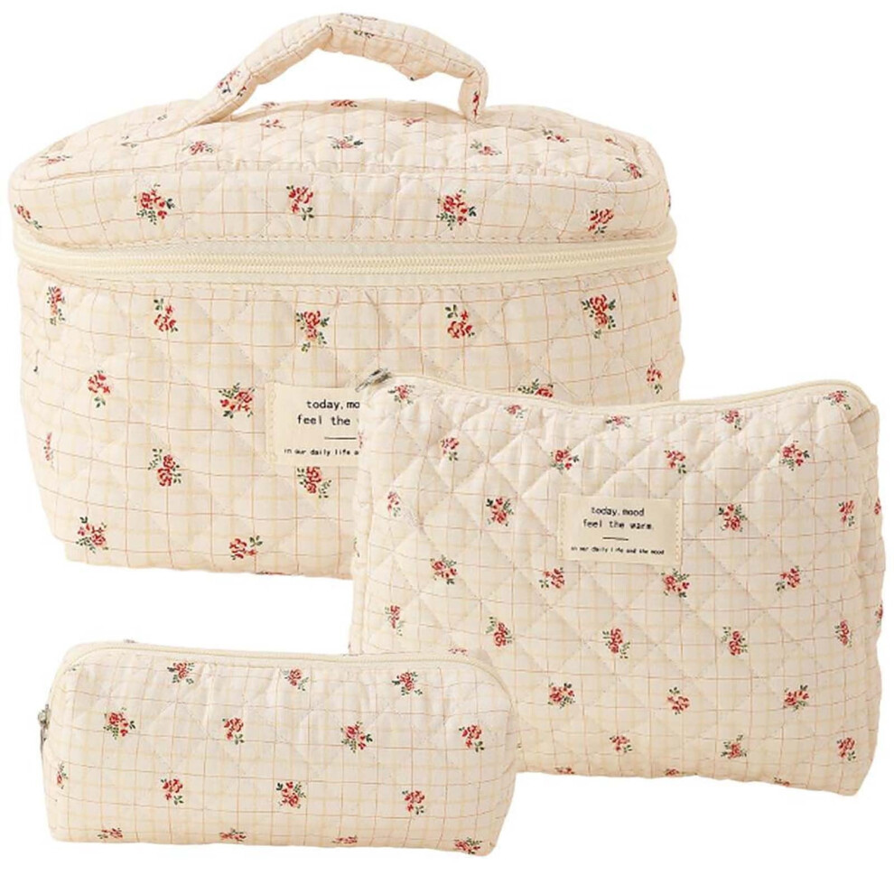 Augper Cotton Quilted Makeup Bag Set - Floral Cosmetic Bag Travel Organizer, 3 Pieces