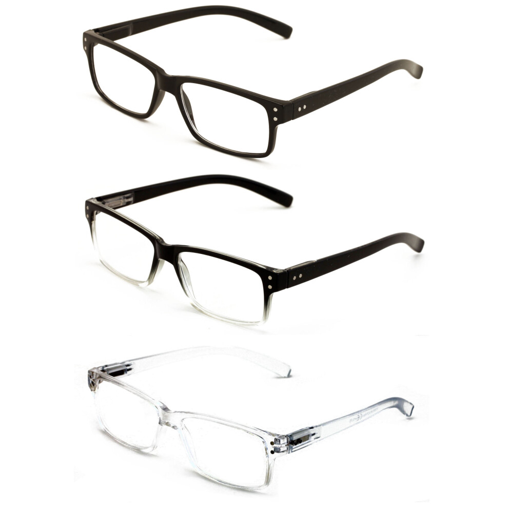 3 pairs of men women rectangular modern reading glasses - comfortable readers with spring hinges +1.75