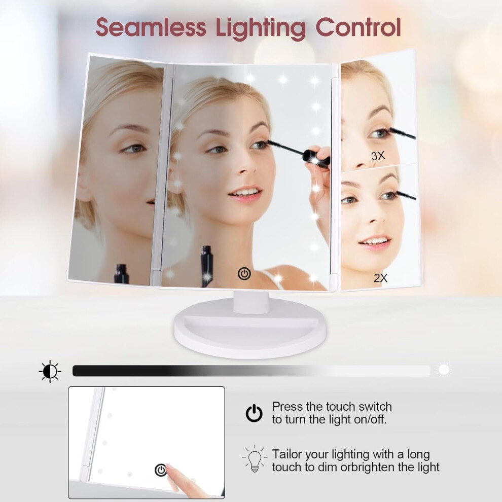 CKLXNGT Portable Tri-fold Vanity Mirror with Adjustable Lights, 3X Magnification & 1X 2X 3X Options - Compatible with makeup routines
