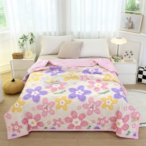 Queen size blomsterteppe - Lett vendbart sengeteppe, gult blomsterteppe til vår- og sommersengetøy