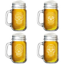 16oz Mason Jar Glass Mug w/Handle Gift Set of 4 Sugar Skull Collection