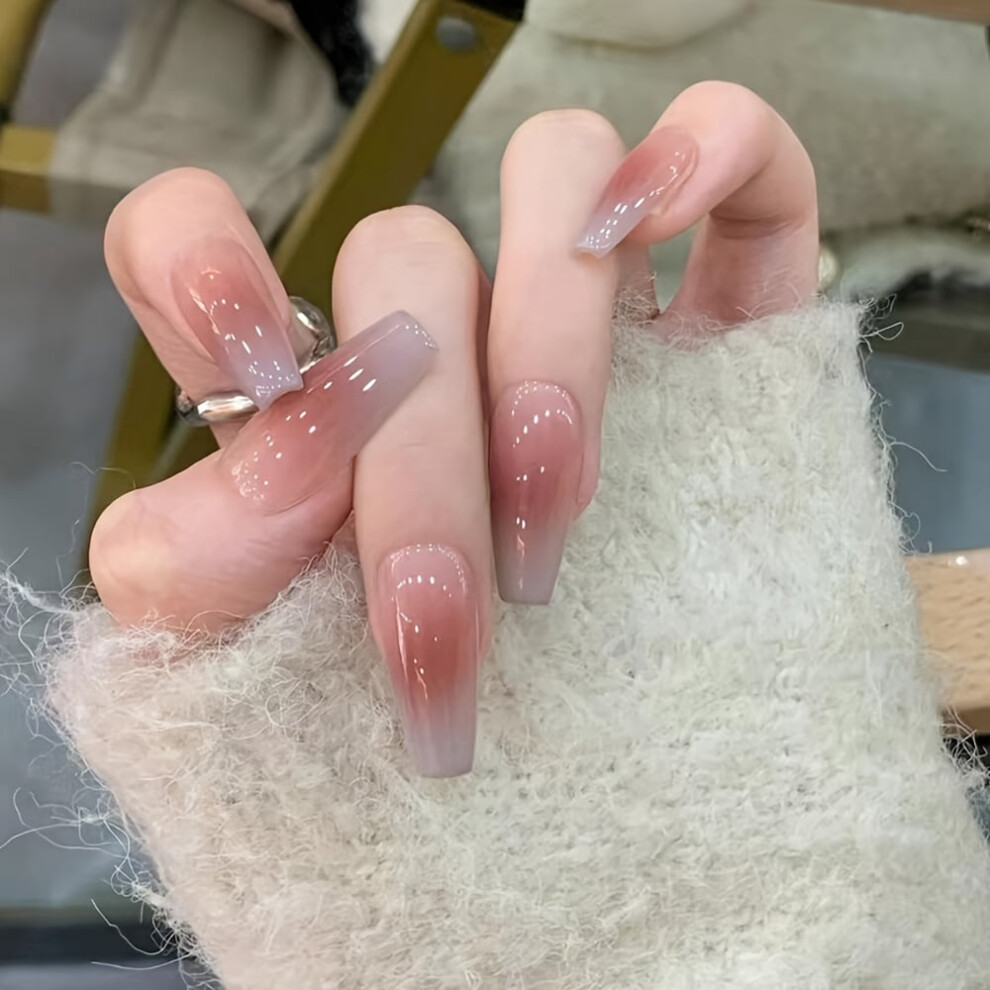 Pink 24Pcs Set Of Glossy Gradient Coffin Press-On Nails - Long Ballet Shape, French Style Fake Nails For Women & Girls