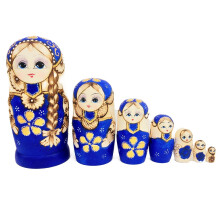 7pcs Blue Russian Nesting Dolls Wooden Matryoshka Toys for Children Kids Gift