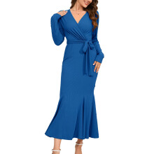 Vestido longo casual feminino, elegante, em malha canelada, com decote em V e mangas compridas, confeccionado em tecido de malha respirável e macio