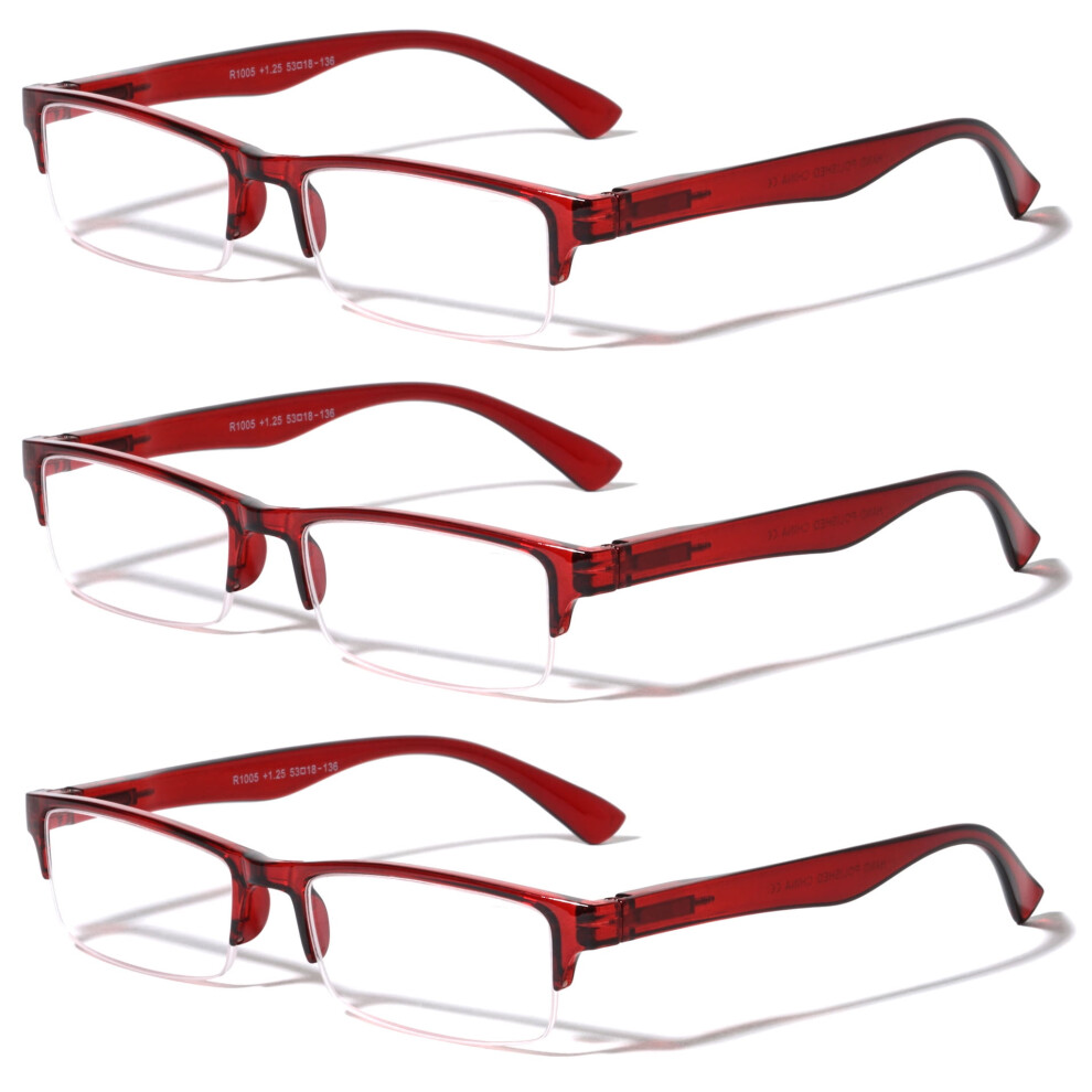 3 Pairs Rectangular Half Rim Reading Glasses - Simple Classic Clear Lens Reader - Spring Hinges +2.00