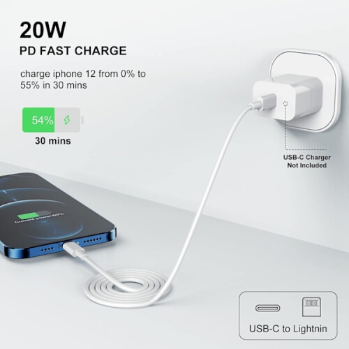 2 stuks compatibele iPhone snellader USB-C voedingsadapter 20W + kabel wit 2
