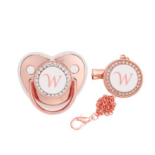QIIBURR Pacifier Clips for Baby Girl - 26 Letter Initials, Silicone & Golden Shiny Clip - Newborn Pacifier Accessory