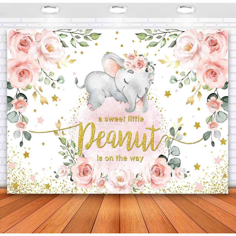 Floral Elephant Baby Shower Backdrop 5X3ft, Sweet Little Peanut Theme, Compatible With Cake Table Decor & Photography Pink 9395123775074