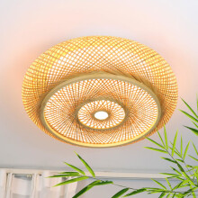 Bambus-Deckenleuchte, LED-Holzleuchte, Fernbedienung, dimmbar, handgewebt, 9 W, Retro-Deckenleuchte aus Rattan und Bambus, 40 cm