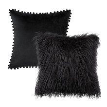 Phantoscope2Pack Decoratieve Sierkussens, Pluche Kunstbont & Fluweel met Pompons, 45 x 45 cm, Zwart, voor Bank, Fauteuil, Slaapkamer