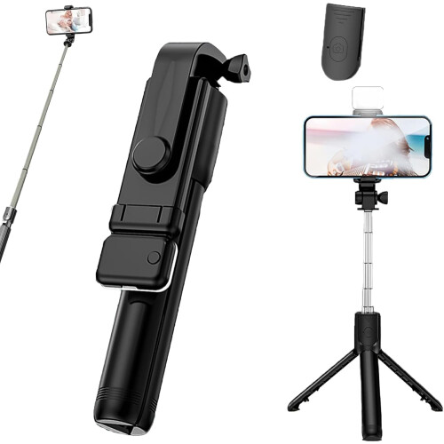 6 in 1 Wireless Bluetooth Selfie Stick with Light, 360 Rotating & Retractable, Compatible with iPhone & Android