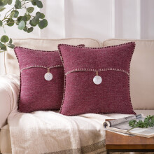 Phantoscope Farmhouse Button Series Square Filled Decorative Throw Pillow for Couch, 18" x 18", Wine Red, Single Button, 2 Pack