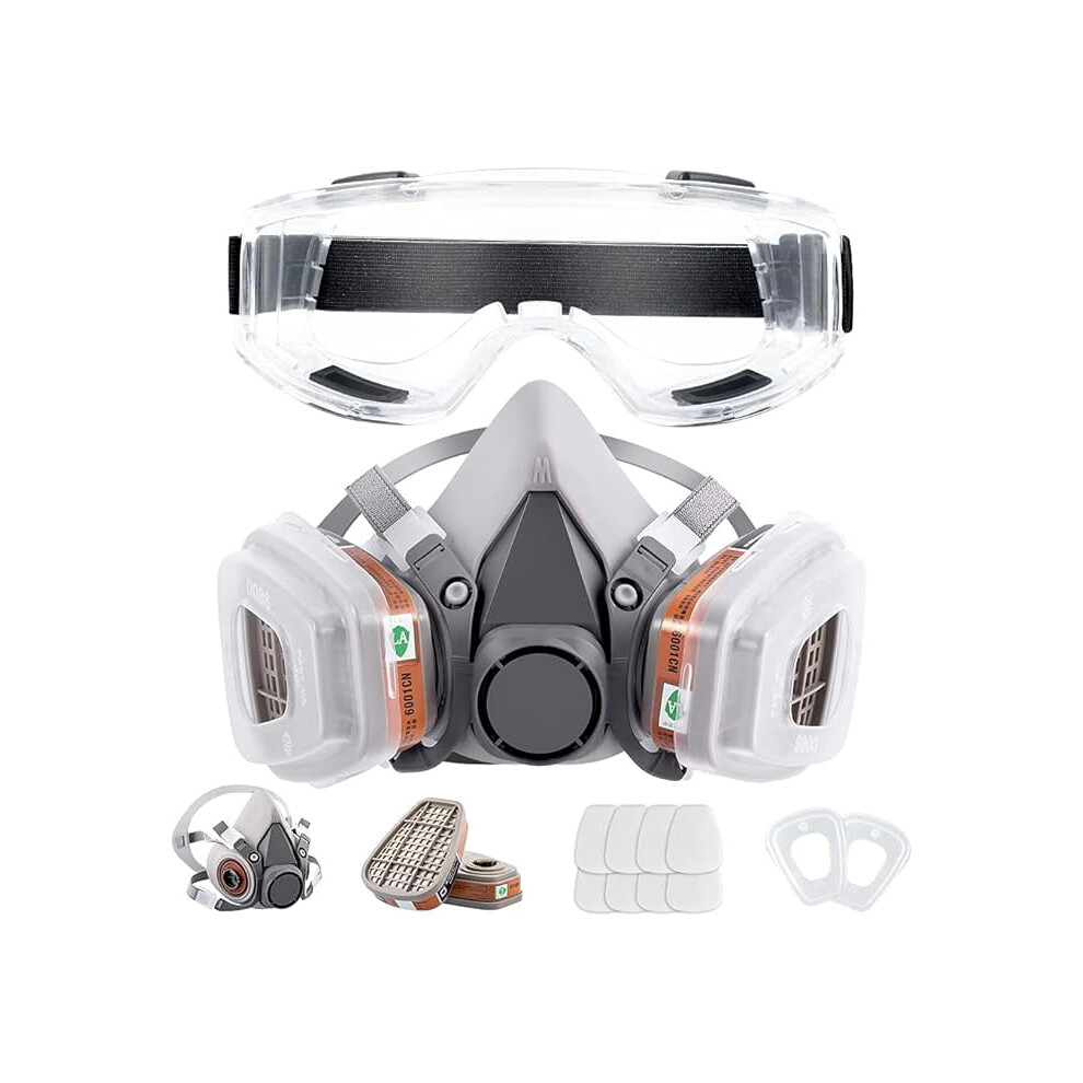 Reusable Half Face Respirator Mask With Safety Glasses & Filters, Compatible With Medium Gas Cartridges For Painting, Welding, Woodworking 9395123543512