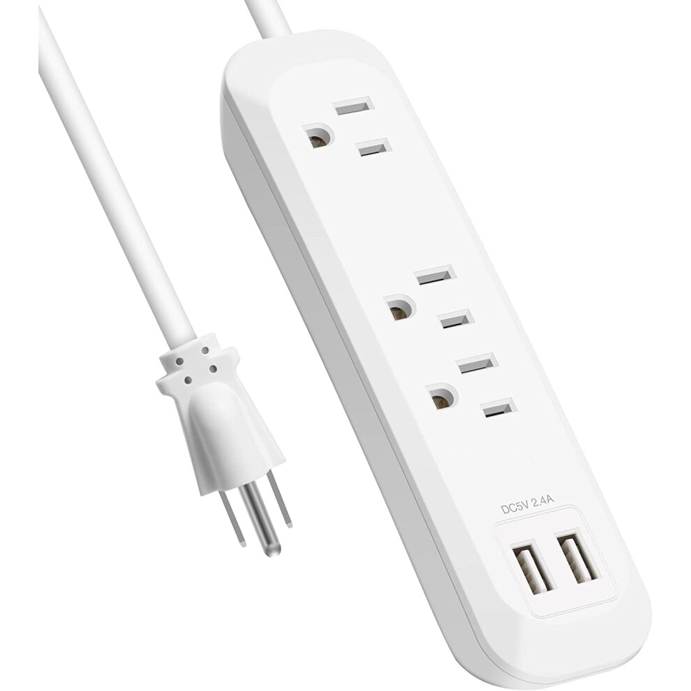 Power Strip With Usb Ports, 3 Outlet, 2 Usb Ports, White Extension Cord 6 Feet 3 Prong, Wall Mountable Power Outlet, 9395123643311