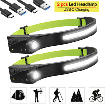 2 lampade frontali a LED verdi con sensore di movimento, 230 350LM, 1200mAh, ricaricabili tramite Type-C, leggere, ideali per corsa, campeggio e