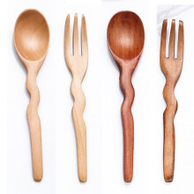 Set di forchetta e cucchiaio, forchetta e cucchiaio con manico ondulato, stoviglie in legno naturale, forchetta da dessert, forchetta da frutta,