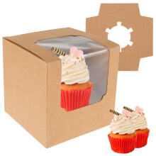 60Pcs Cupcake Boxes 9x9x9cm with Clear Window & Inserts, White/Brown Treat Holders for Wedding, Baby Shower, Birthday Gifting