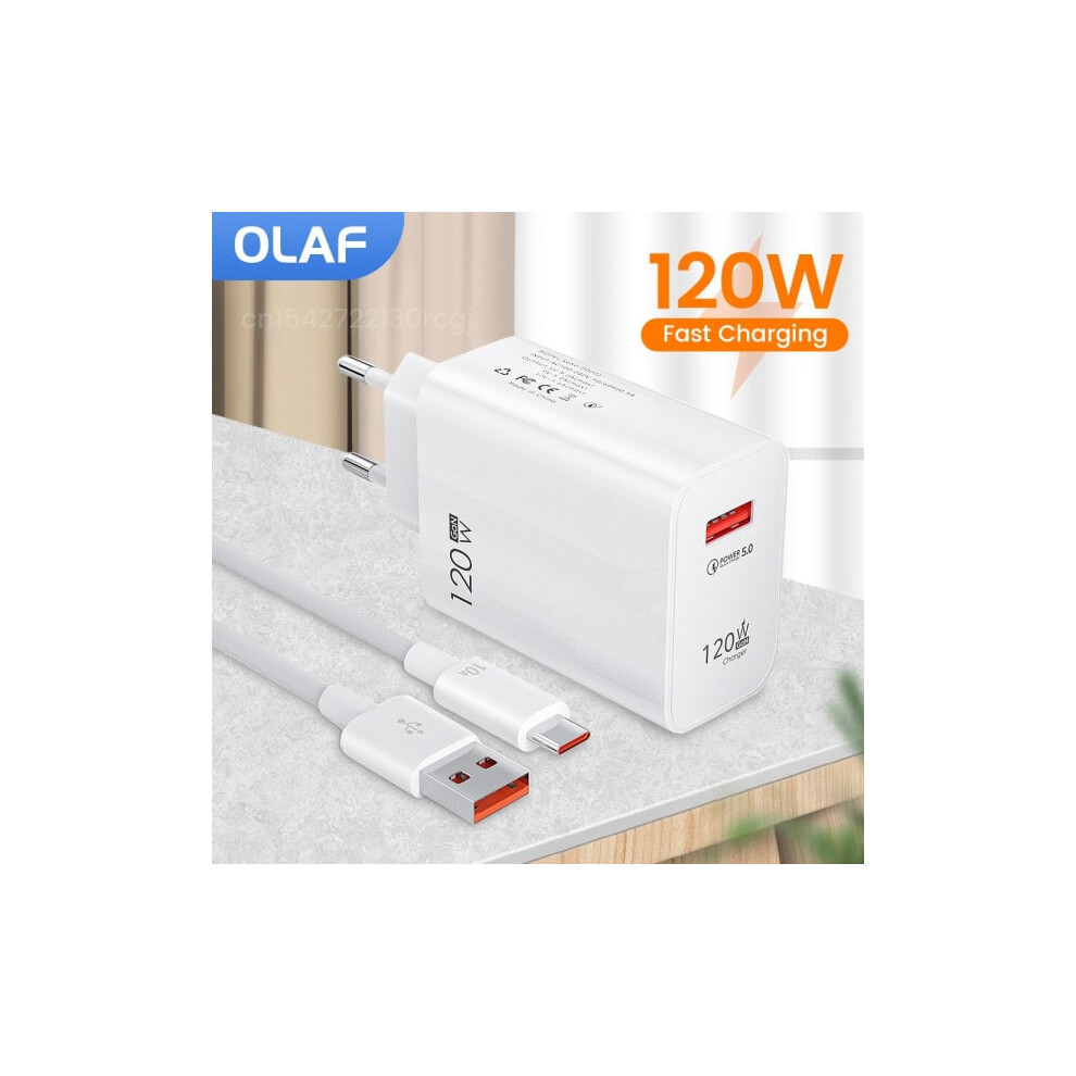 120W Usb Charger Fast Charging Qc3.0 Type C Cable, Compatible With Huawei, Samsung, Xiaomi - Eu Plug, White 9071309690545
