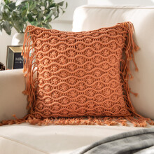 Coussin décoratif Phantoscope 100 % coton, tissé au crochet à la main, style bohème avec pompons, carré de 45 x 45 cm, orange, vendu à l'unité