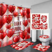Ensemble de douche Saint-Valentin 4 pièces avec rideau, tapis antidérapant, housse de toilette et tapis de bain, décoration imperméable rose