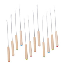 12pcs Stainless Steel Fondue Forks with Oak Wood Handles and Color Coded Tips for Cheese Chocolate