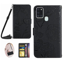 Case for compatible with Samsung Galaxy A21S Phone Case Soft PU Leather Leather Wallet Butterflies And Flowers With Card Holder & Long Strap
