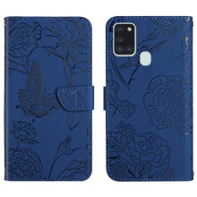 Case compatible with Samsung Galaxy A21S, Wrist Strap, Anti-drop, Shockproof PU Leather Flip Cover, Flowers and Butterflies Design