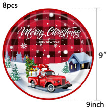 Ensemble de vaisselle jetable Joyeux Noël Père Noël Assiette en papier rouge à carreaux, gobelet, serviette Décoration de fête de Noël 2023