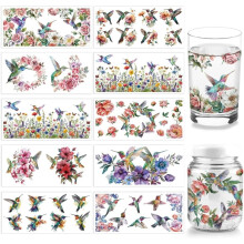 10 folhas de adesivos de transferência UV DTF para copos, com estampa de beija-flor e flor, para copos de vidro de 473 ml, móveis, artesanato em