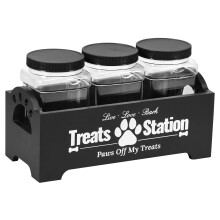 NUAHRHY Wood Dog Treat Container with 3 Plastic Jars, Reusable Cat Food Storage, Cute Decorative Holder for Dogs & Cats