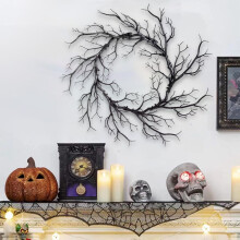 Ghirlanda artificiale di Halloween da 42 cm con glitter, ramoscelli neri, decorazione fatta a mano per la porta d'ingresso, feste interne ed esterne,