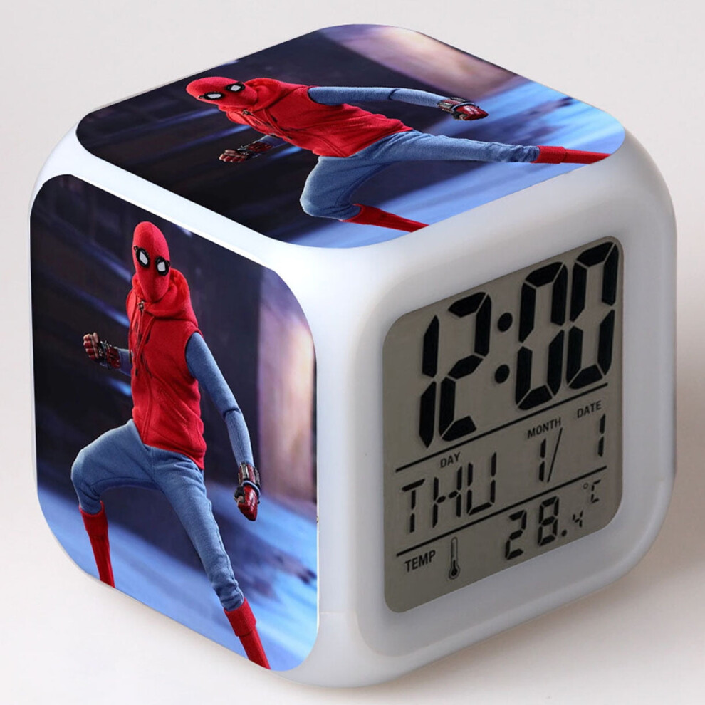 Hanntaoo Digital Alarm Clock For Kids, Cartoon Spider-Man Pattern 7 Led Color Changing Wake Up Clock With Thermometer & Night Light