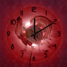 Horloge murale décorative YiFudd avec lumières LED, en acrylique transparent, motif coq rouge feu tribal.