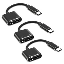 3X 2 In1 Type-C to 3.5mm Headphone Jack Adaptor/Connector Charger, Earphone Aux Audio & Charge Adaptor Black